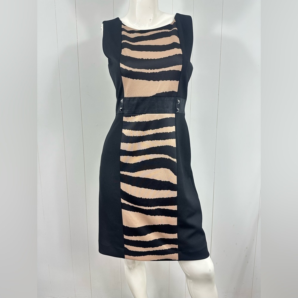 Tahari Arthur Levine Size 8 Women’s Sheath Dress Faux Leather Waist Trim